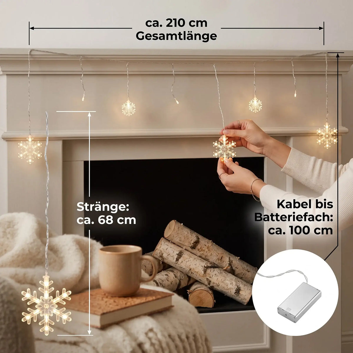 Lichterkette Lichtervorhang Schneeflocke LED Batterie Timer 210 cm Inn