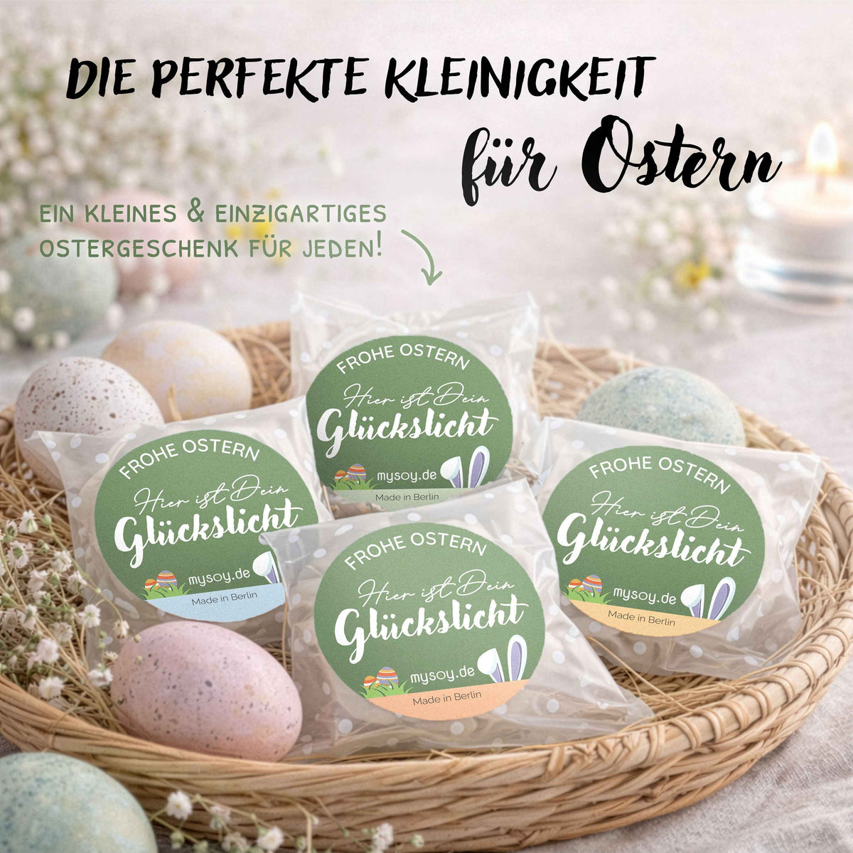 Kleine Ostergeschenke Set – Glückslicht Teelichter mit Botschaft | Made in Berlin aus Recycling-Material