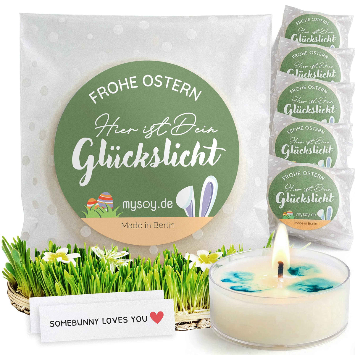 Kleine Ostergeschenke Set – Glückslicht Teelichter mit Botschaft | Made in Berlin aus Recycling-Material