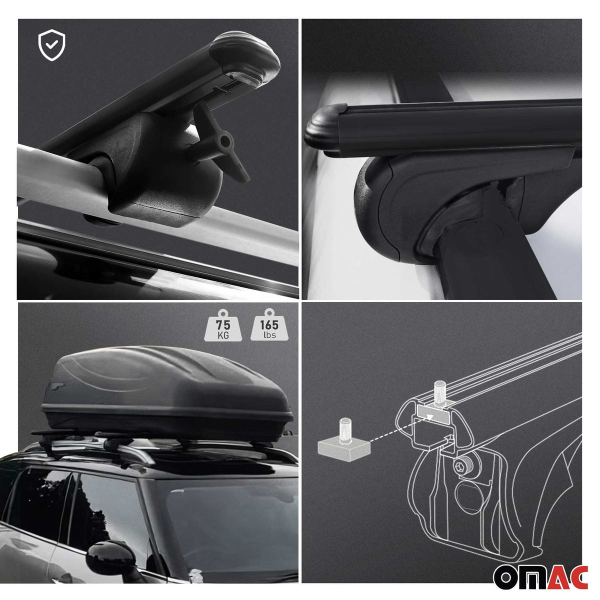 OMAC Universal Dachträger Gepäckträger für Auto 75kg 142cm Aluminium Schwarz 2x