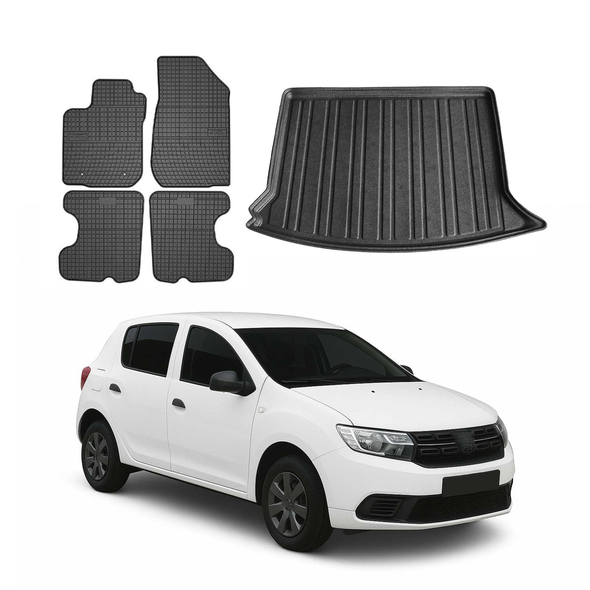 Fußmatten & Kofferraumwanne Set für Dacia Sandero II 2012-2020 Gummi Schwarz 5x