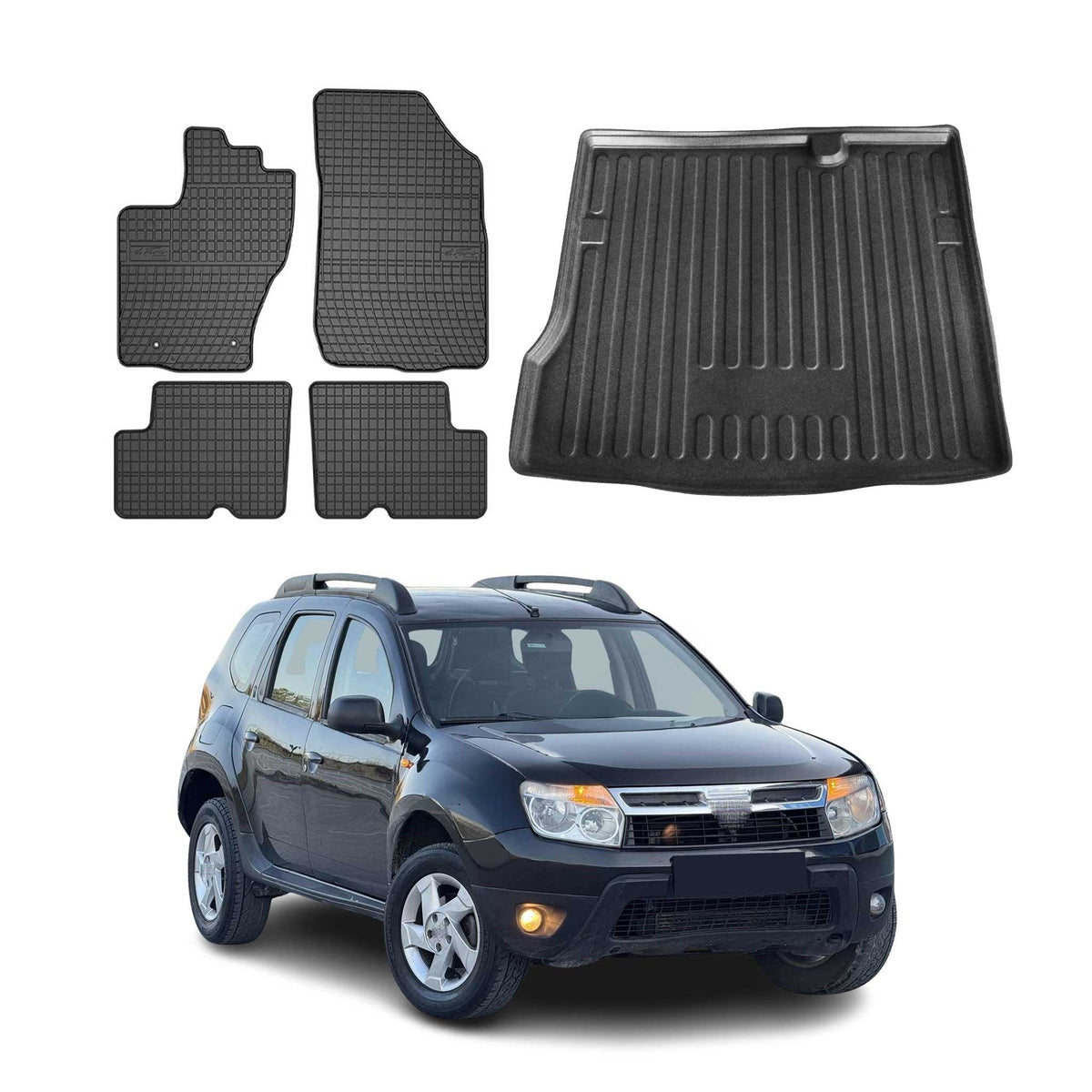 Fußmatten & Kofferraumwanne Set für Dacia Duster 2010-2017 4x2 Gummi Schwarz 5x