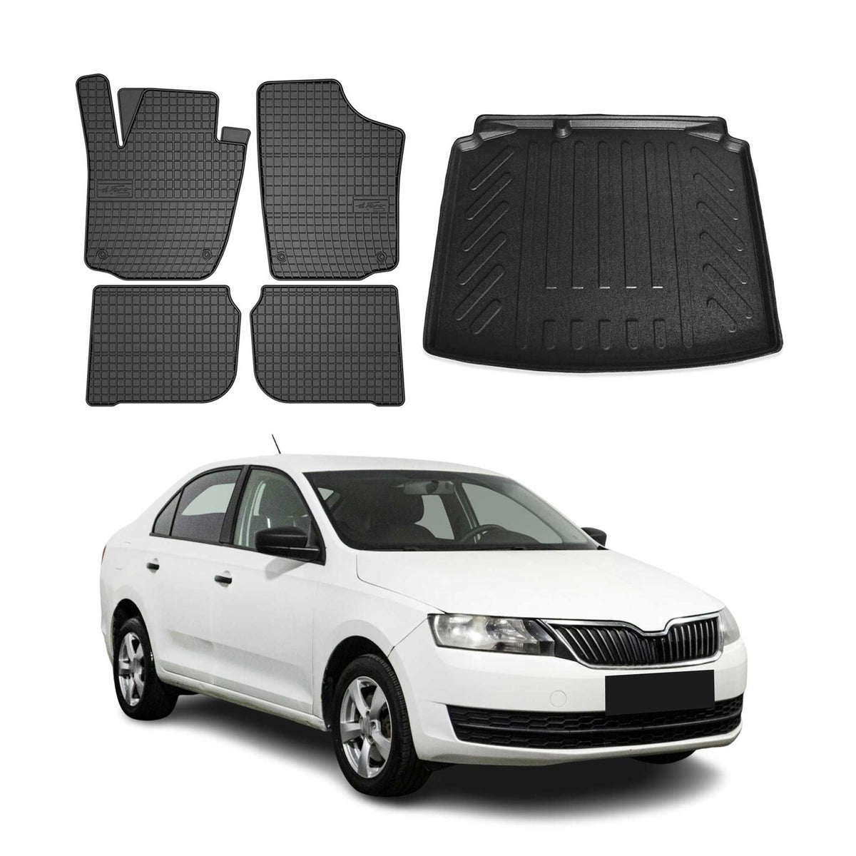 Fußmatten & Kofferraumwanne Set für Skoda Rapid Limo 2012-2019 Gummi Schwarz 5x