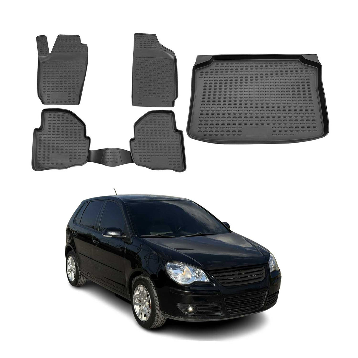 Fußmatten & Kofferraumwanne Set für VW Polo 2001-2009 Gummi TPE Schwarz 5x