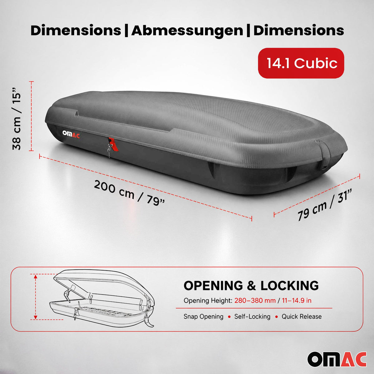 OMAC Dachbox Dachkoffer Gepäckbox 480 Liter Carbonlook Abschließbar Autobox TÜV
