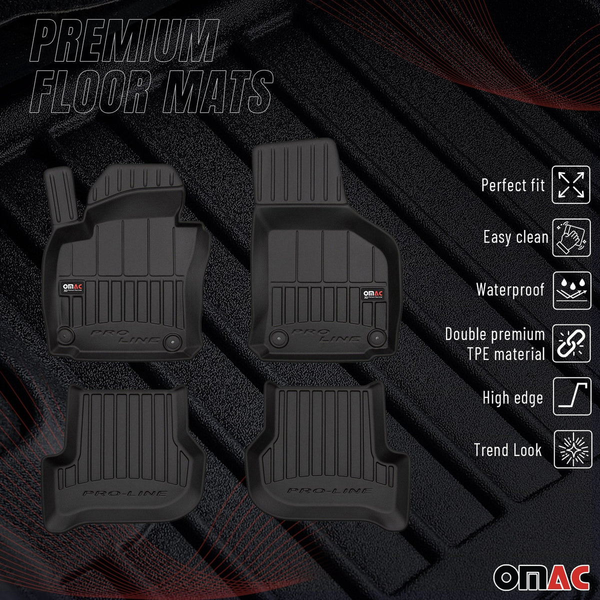 OMAC Gummi Fußmatten für Seat Toledo 2004-2009 Premium TPE Automatten Schwarz 4x