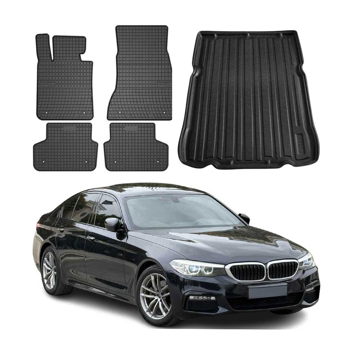Fußmatten & Kofferraumwanne Set für BMW 5er G30 2017-2024 Gummi Schwarz TPE 5x