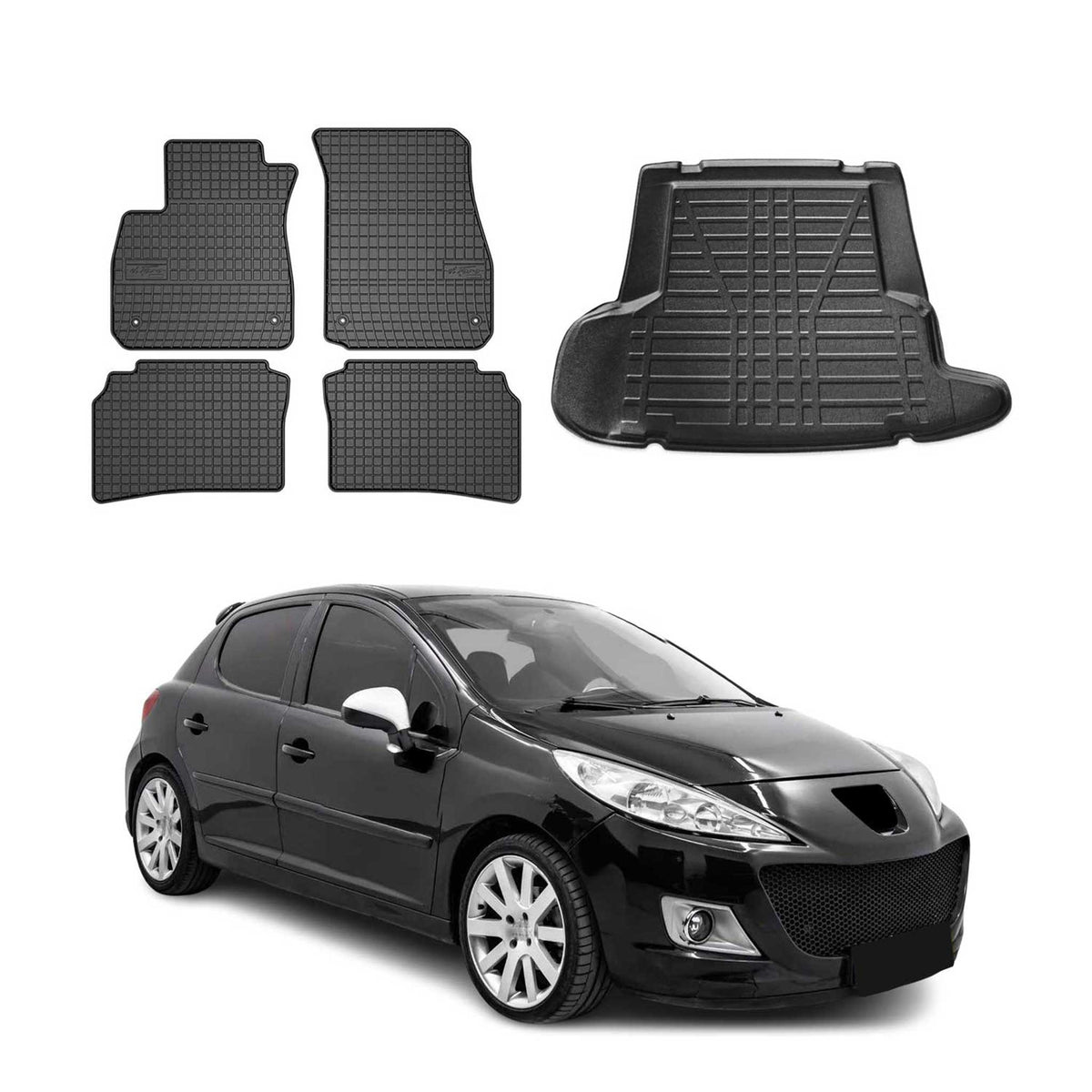 Fußmatten & Kofferraumwanne Set für Peugeot 206 Stufenheck 2007-2012 Gummi 5x