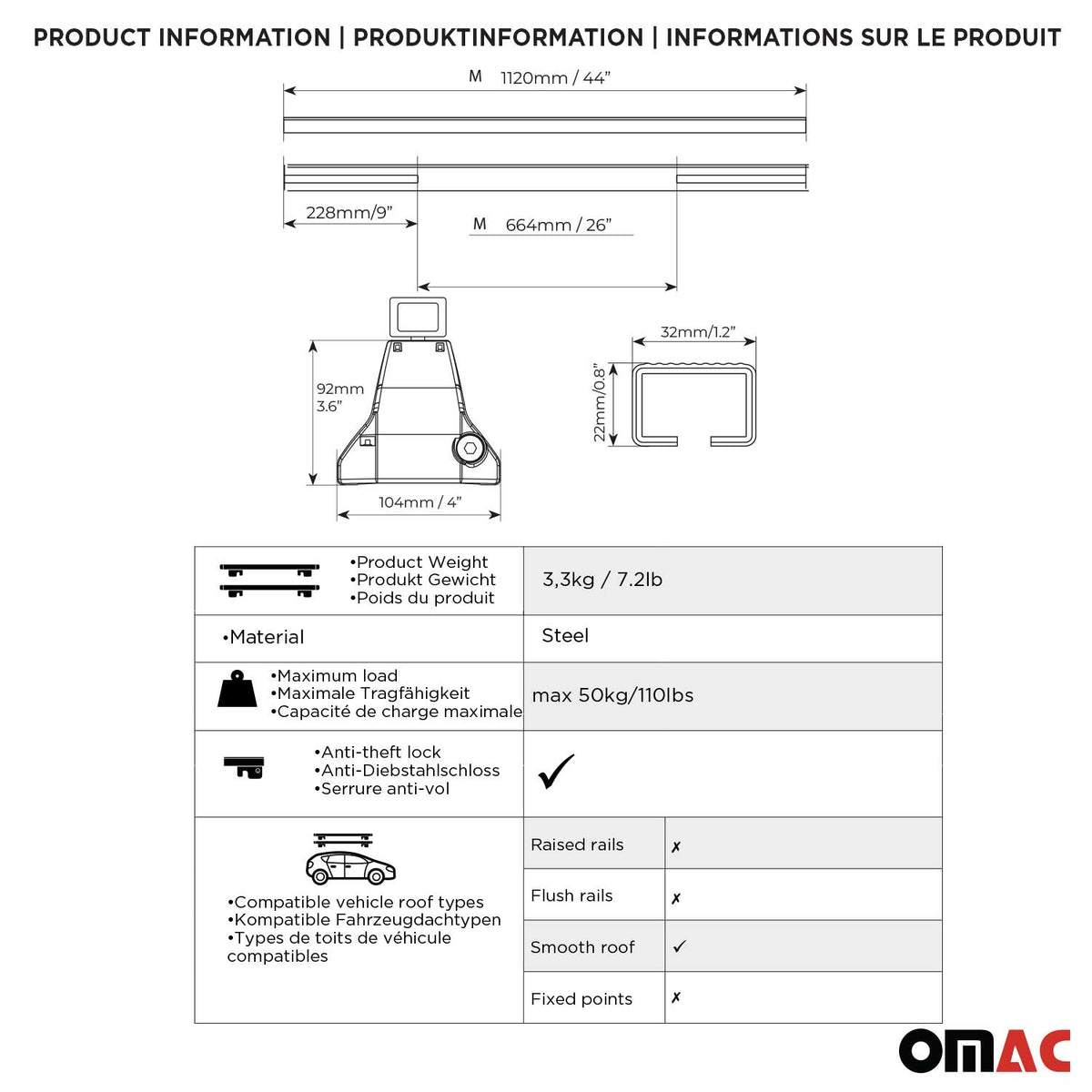 Menabo Dachträger Grundtäger für Chevrolet Spark M400 2015-2022 50kg Schwarz 2x