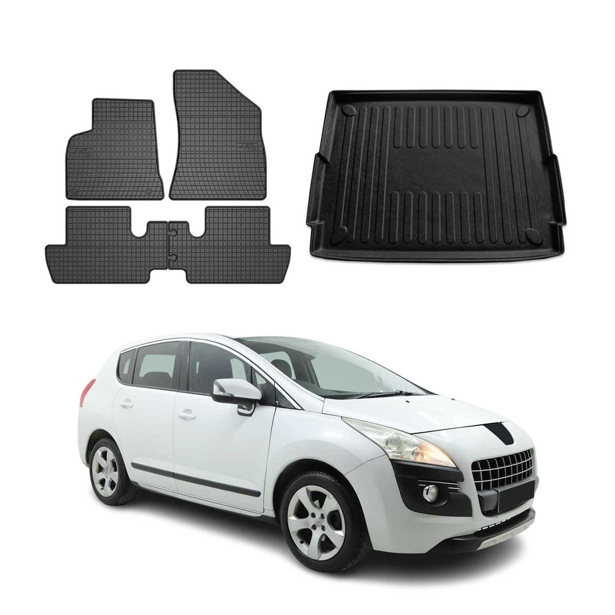 Fußmatten & Kofferraumwanne Set für Peugeot 3008 2009-2016 Gummi TPE Schwarz 5x