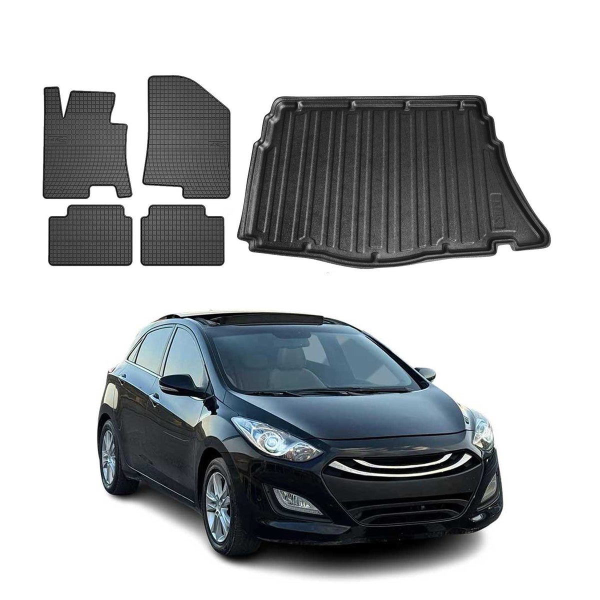 Fußmatten & Kofferraumwanne Set für Hyundai i30 Schrägheck 2012-2016 Schwarz 5x