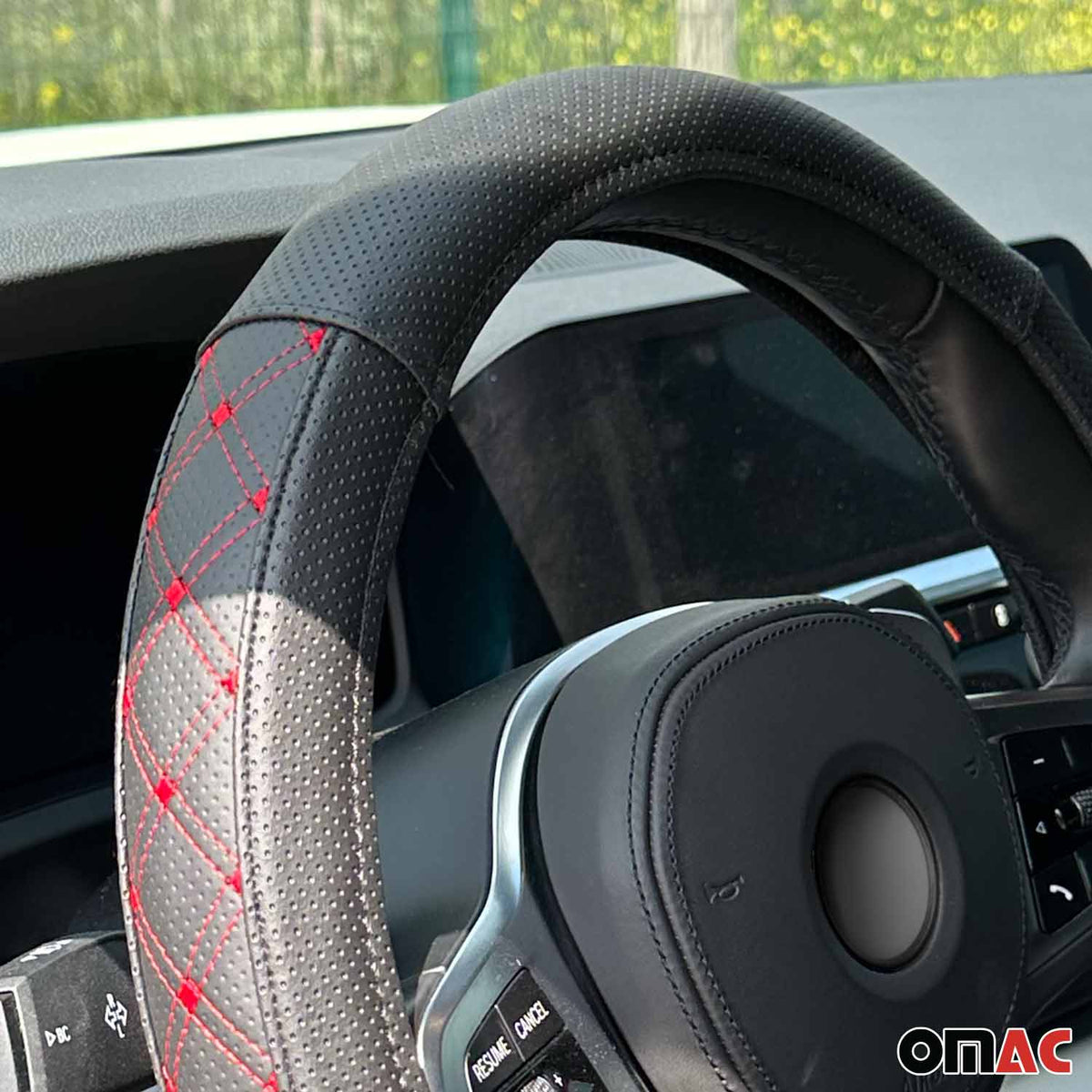 Lenkradbezug Lenkradschoner Lenkrad Abdeckung Schwarz Rot Stiche Ø 38-40 cm