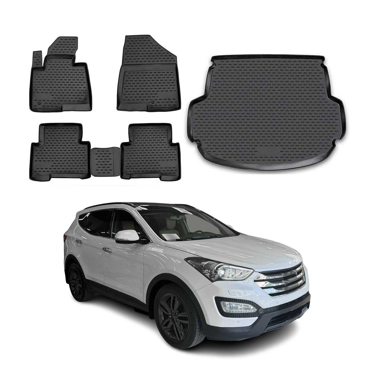 Fußmatten & Kofferraumwanne Set für Hyundai Santa Fe 2012-2020 TPE Schwarz