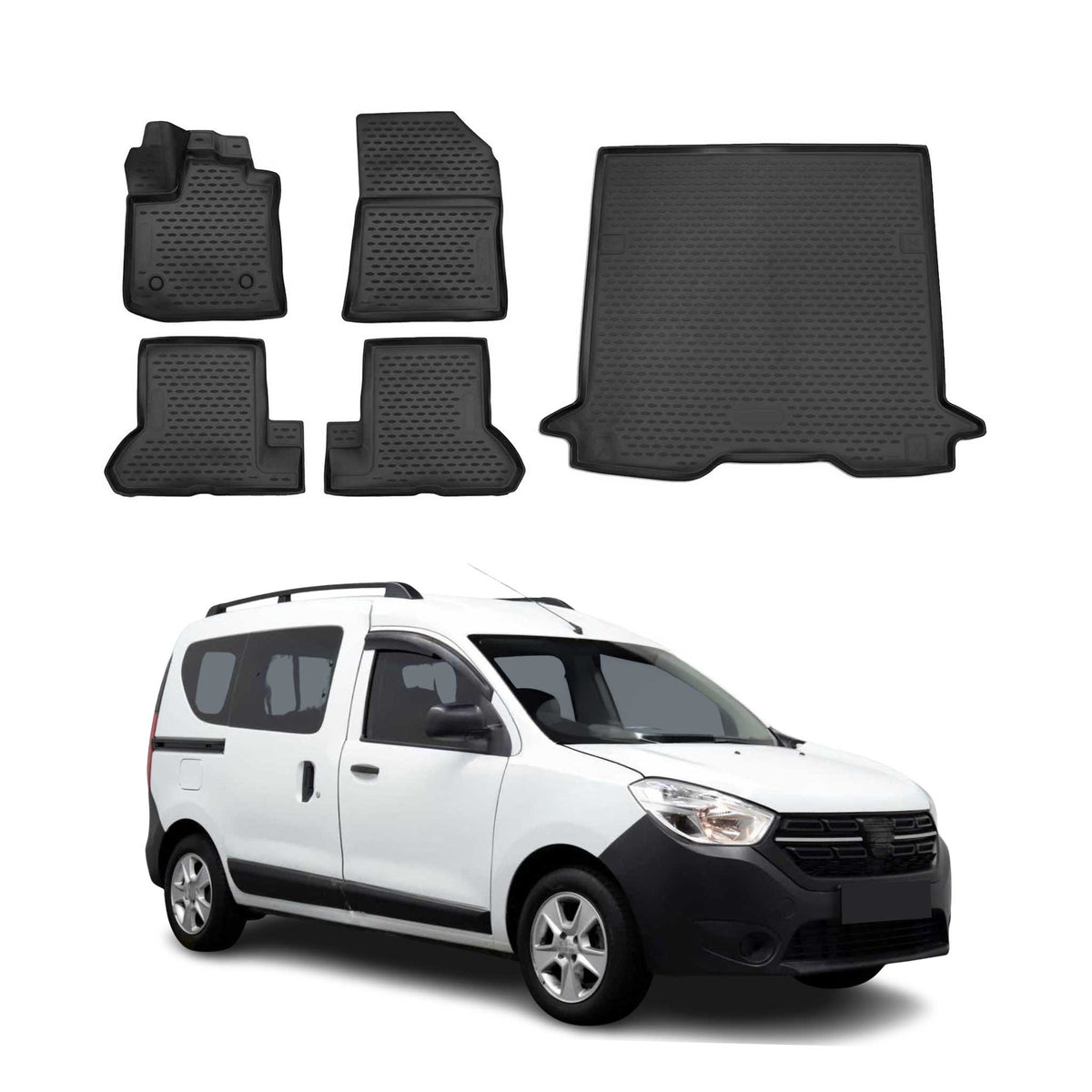 Fußmatten & Kofferraumwanne für Dacia Dokker 2017-2021 Facelift TPE Schwarz