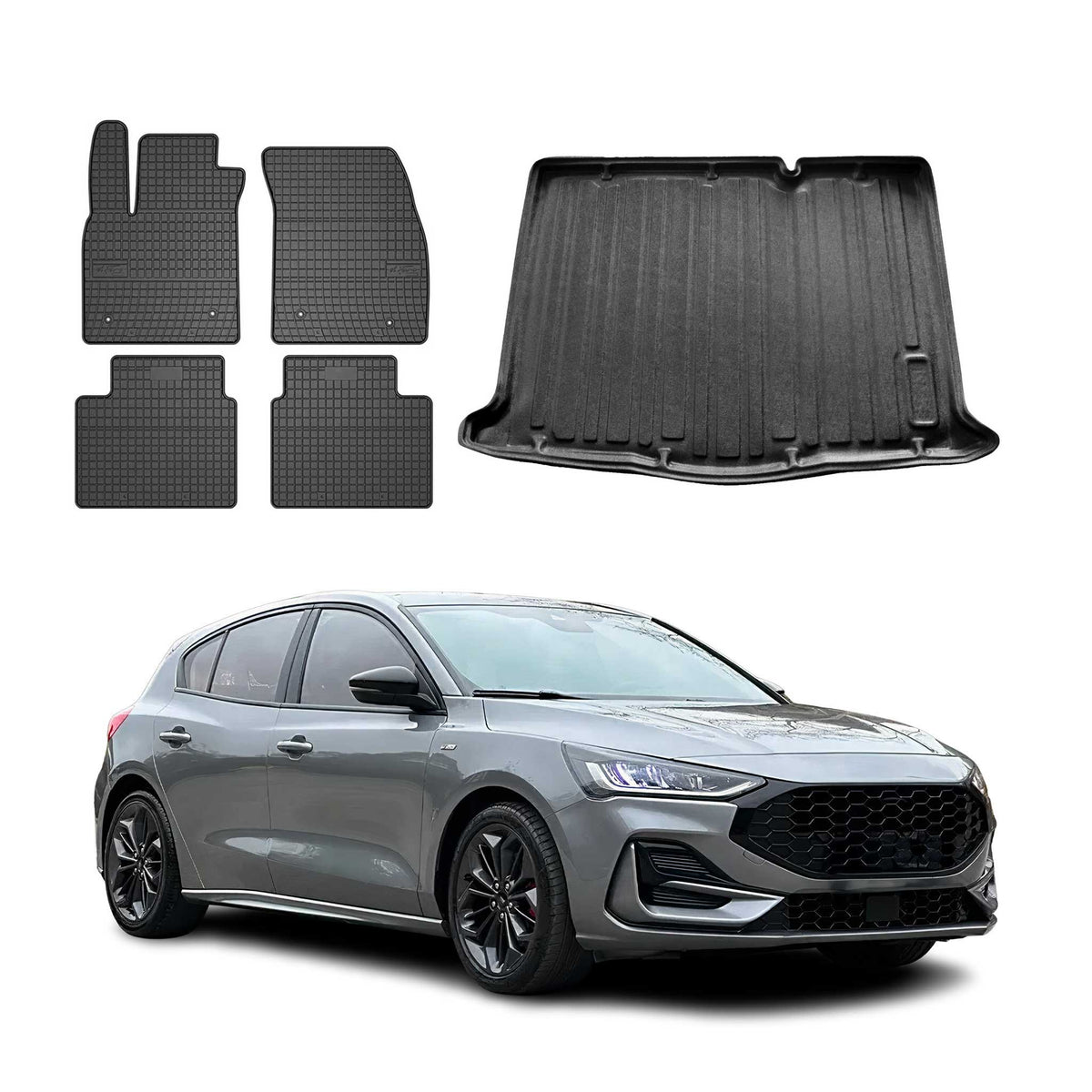 Fußmatten & Kofferraumwanne Set für Ford Focus Schrägheck 2019-2025 Fünftürer 5x