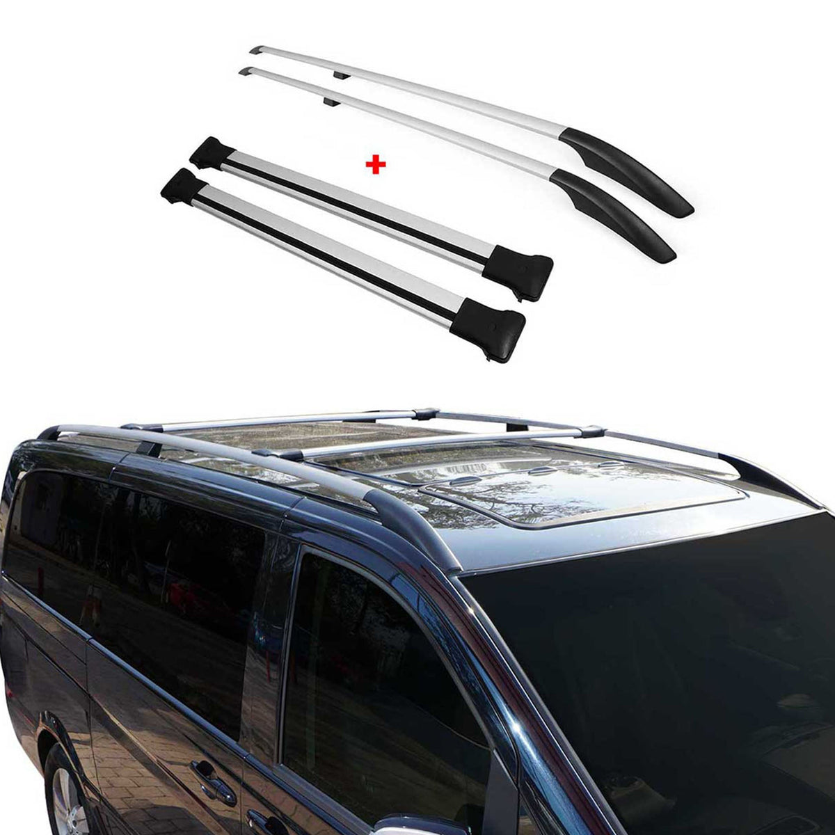 Dachreling + Dachträger SET für VW Caddy 2015-2020 Kurzer Alu Silber 4tlg