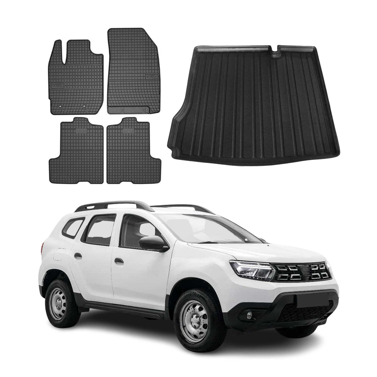 Fußmatten & Kofferraumwanne Set für Dacia Duster 2017-2024 Gummi Schwarz TPE 5x