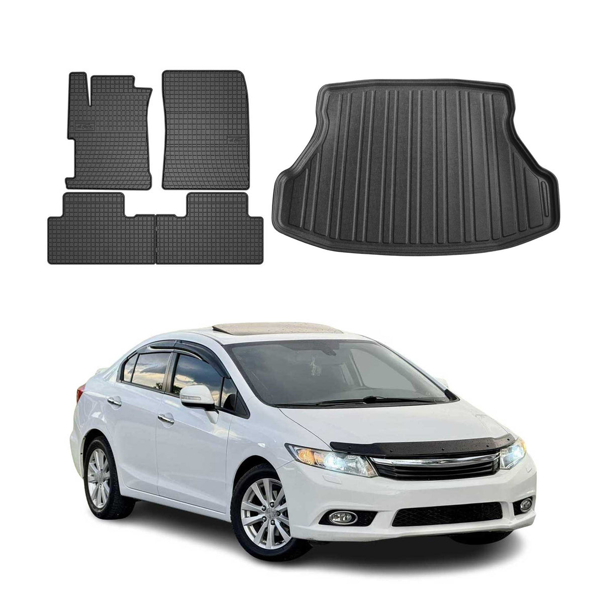 Fußmatten & Kofferraumwanne Set für Honda Civic Stufenheck 2011-2016 Gummi 5x