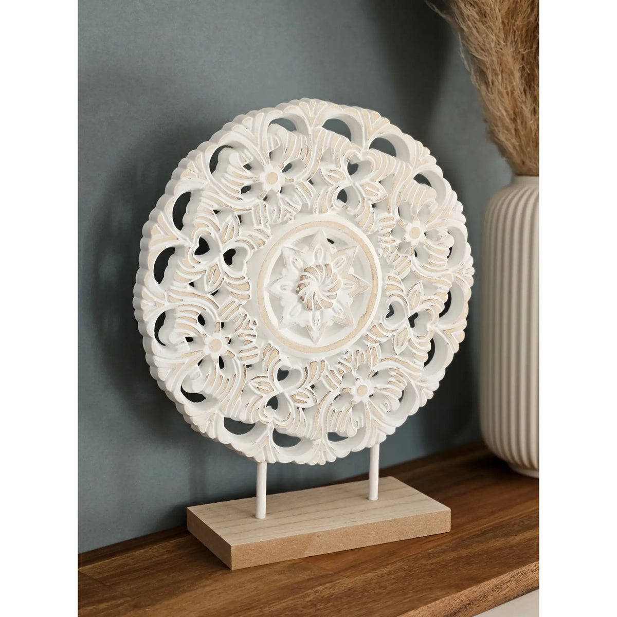 Ornament mit Sockel Aufsteller Holzbild Schabby Vintage Blumenmuster Rund Ø 23cm