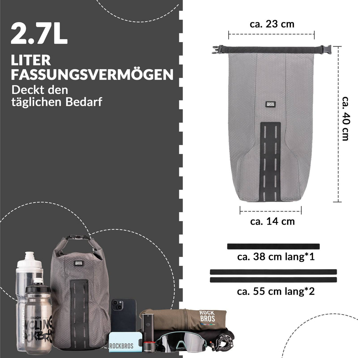 ROCKBROS Gepäckträgertasche Gepäckträger für Vordergabel 2,7 L, Wasserdicht
