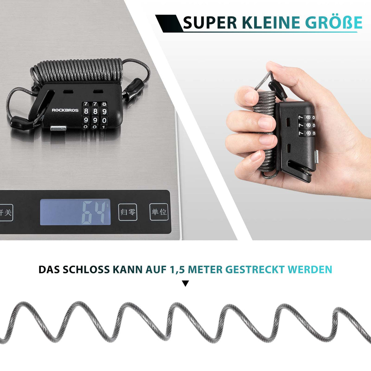ROCKBROS Helm schloss 150 cm Zahlenschloss 3-stellig Zahlencode