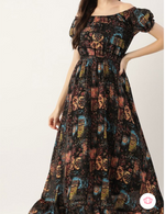 Black Floral Printed Off-Shoulder Puff Sleeve Gathered Georgette Maxi Dress in Munich