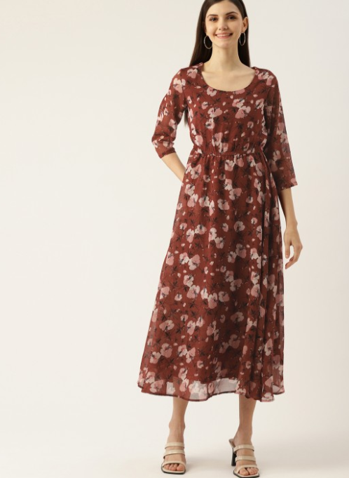 Maroon Floral Georgette Maxi Dress in Munich