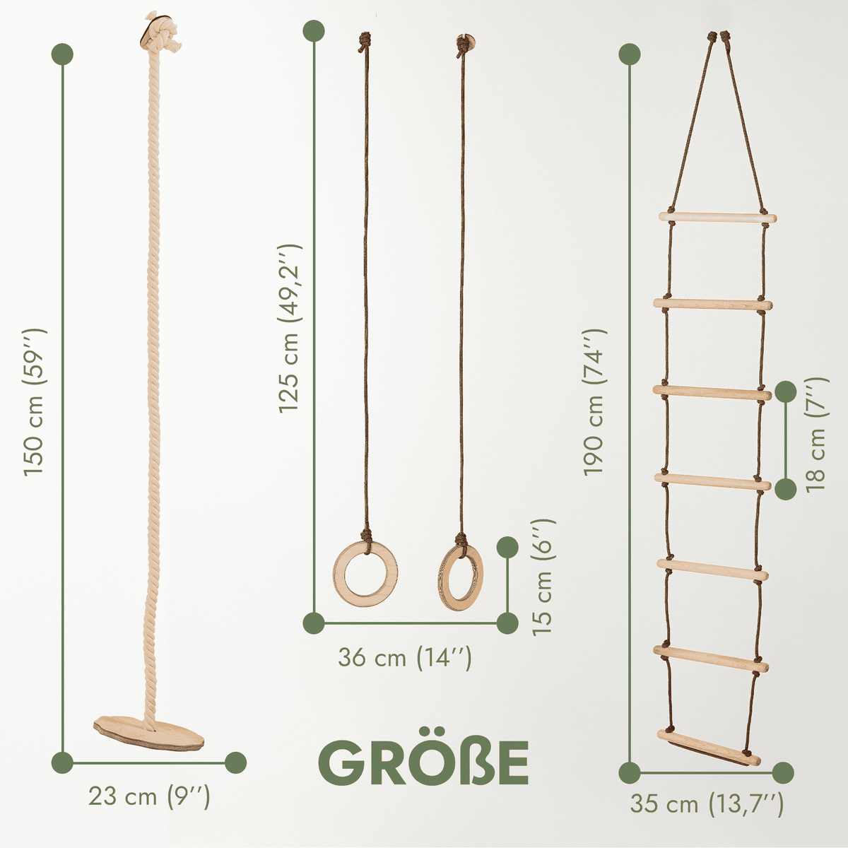 Set aus drei Schaukeln: Scheibe + Ringe + Strickleiter