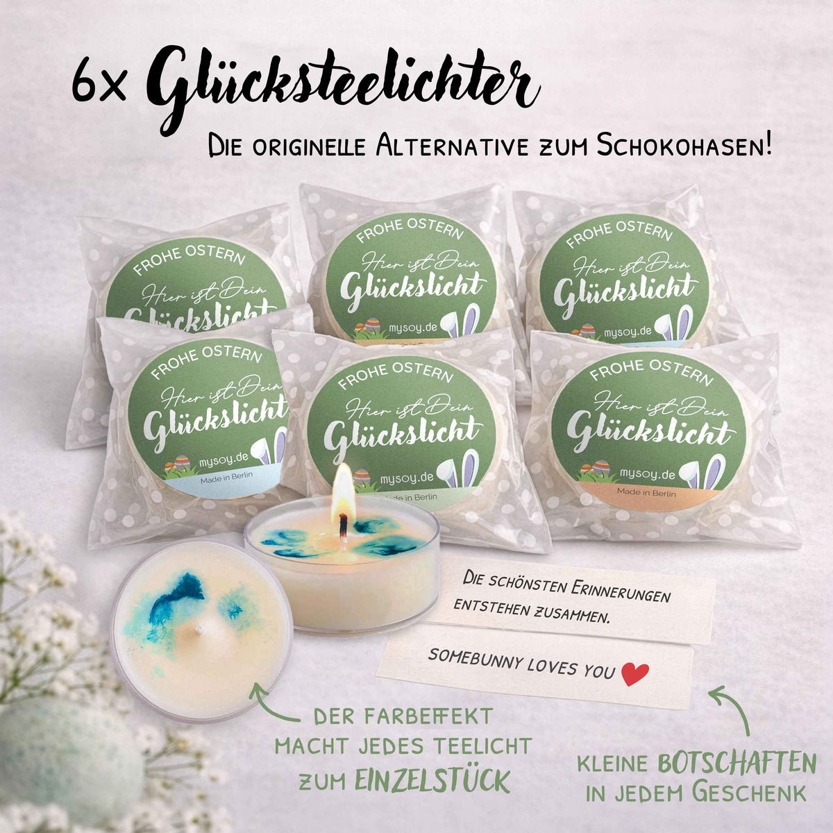 Kleine Ostergeschenke Set – Glückslicht Teelichter mit Botschaft | Made in Berlin aus Recycling-Material