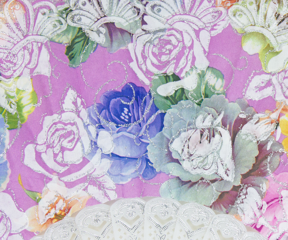 Glitzer Handfächer mit Rosen - Weiß / Lila