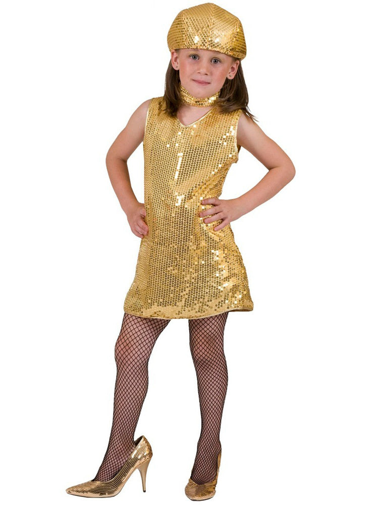 Disco Pailletten Kleid für Mädchen mit Halsband - Gold