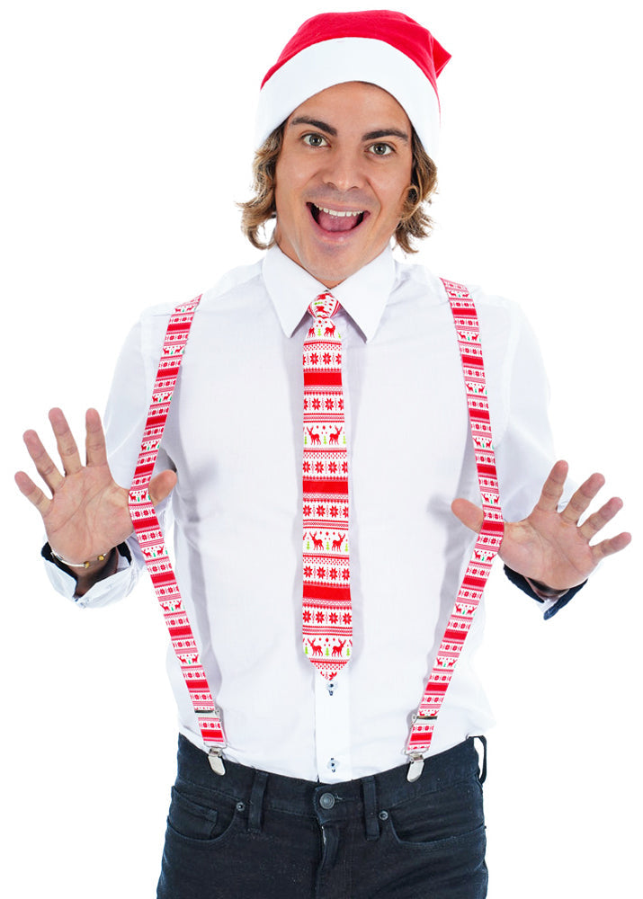 Weihnachts-Set "Ugly" - 3-tlg. - Hosenträger Krawatte Mütze - Rot Weiß