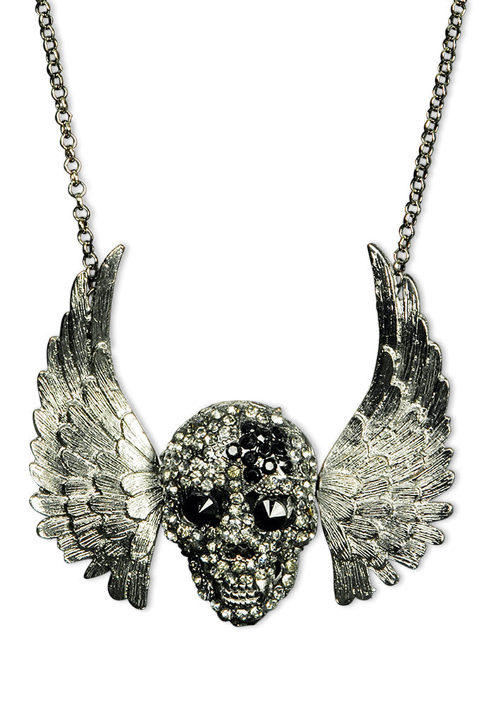 Silberne Halskette mit Strass Totenkopf und Engelsflügeln