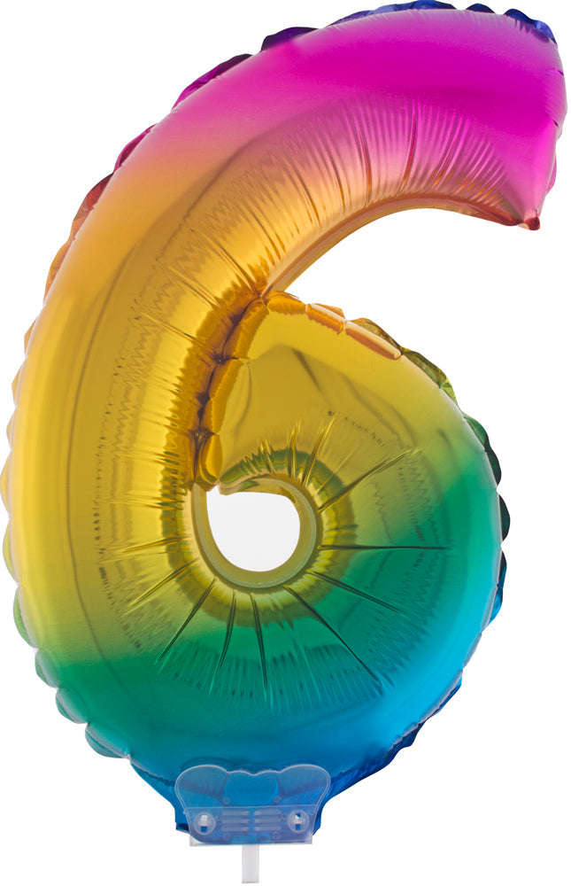 Zahlen Folienballon 41 cm mit Stab - Regenbogen Zahl 6