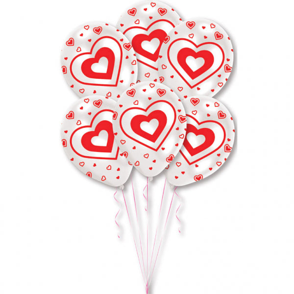 Latexballons mit Herzen | 6 Stück, Ø 27,5 cm, Weiß/Rot