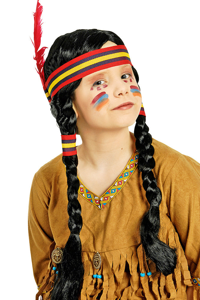 Perücke Kinder "Indianerin mit Zöpfen und Feder-Stirnband" | Schwarz