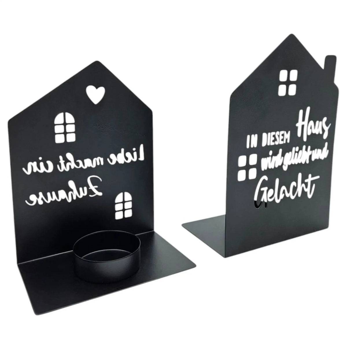 Teelichthalter Haus schwarz 2er Set Kerzenhalter Metall Zuhause Sprüche