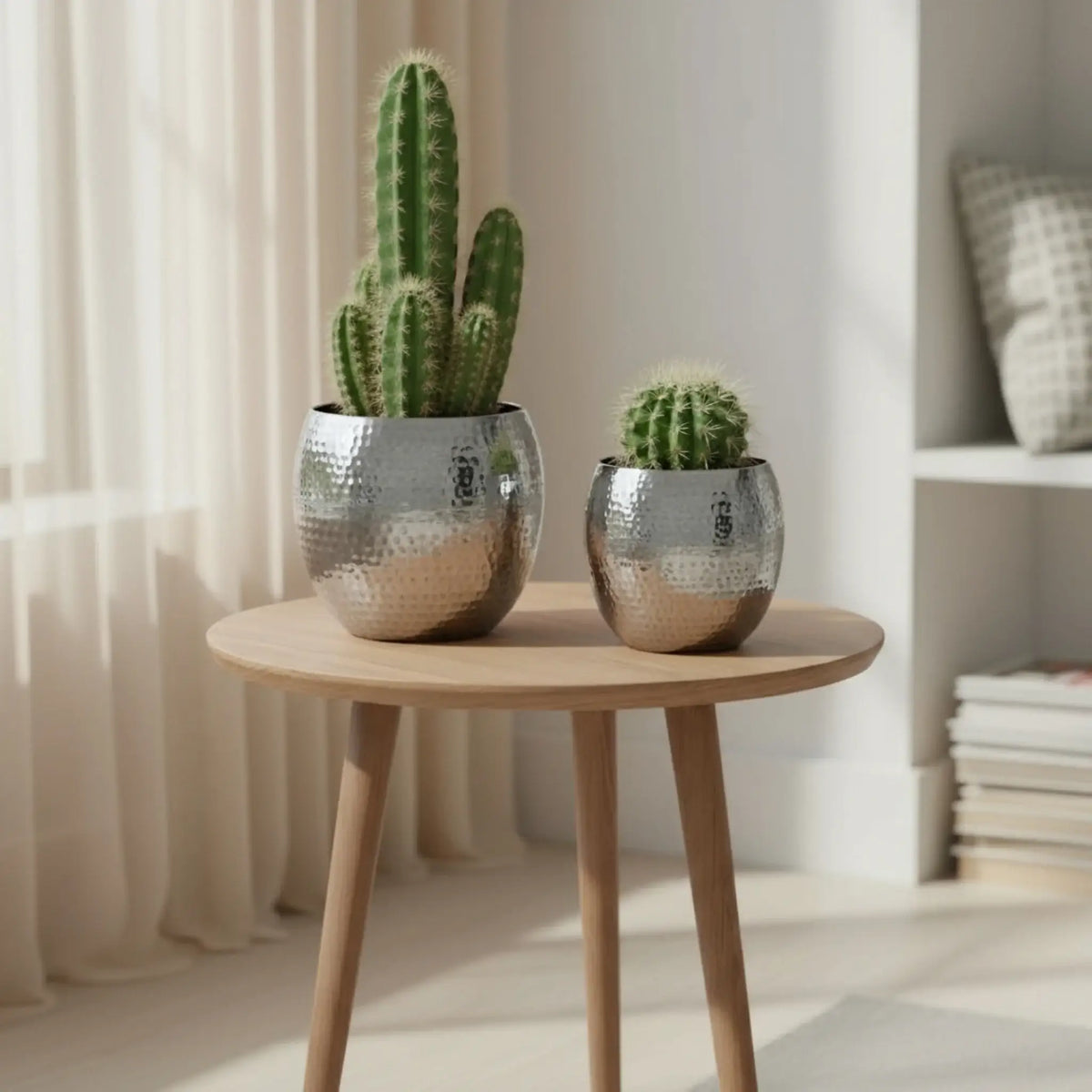 Übertopf Blumentopf Silber Pflanztopf Deko 2er Set glänzend rund Hammerschlag