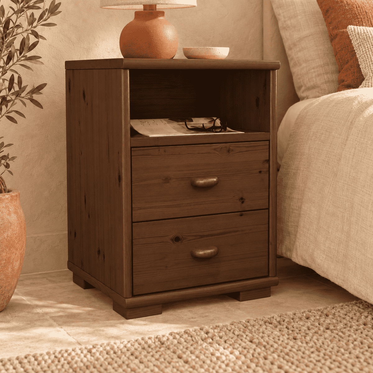 Vanessa Kiefer Massivholz Nachttisch Kiefer mit 2 Schubladen und 1 Regal aus 100% Bio Kiefer