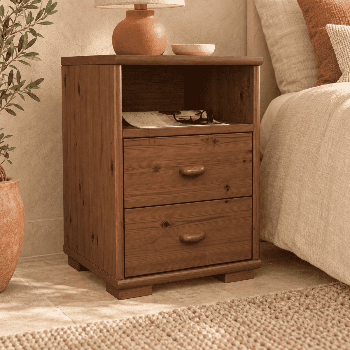 Vanessa Kiefer Massivholz Nachttisch Kiefer mit 2 Schubladen und 1 Regal aus 100% Bio Kiefer