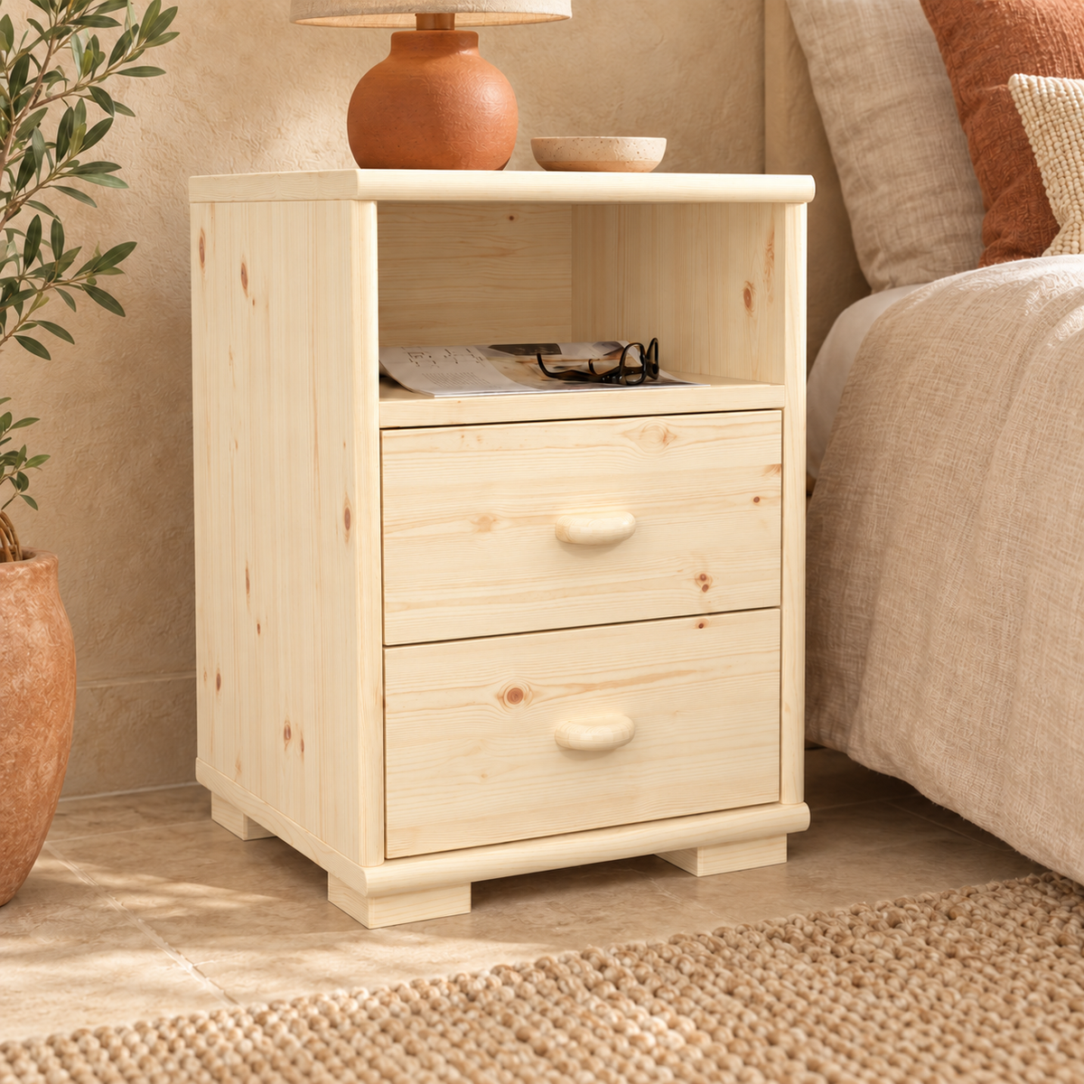 Vanessa Kiefer Massivholz Nachttisch Kiefer mit 2 Schubladen und 1 Regal aus 100% Bio Kiefer