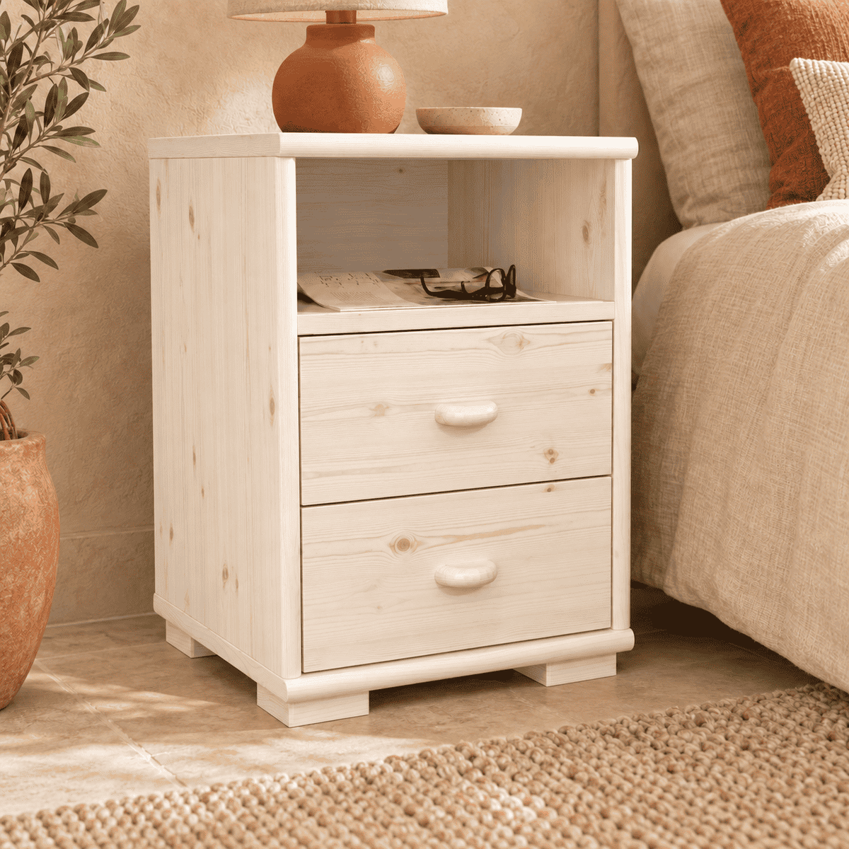 Vanessa Kiefer Massivholz Nachttisch Kiefer mit 2 Schubladen und 1 Regal aus 100% Bio Kiefer