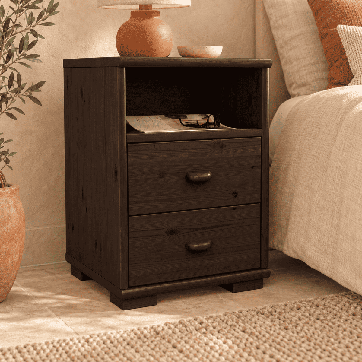 Vanessa Kiefer Massivholz Nachttisch Kiefer mit 2 Schubladen und 1 Regal aus 100% Bio Kiefer