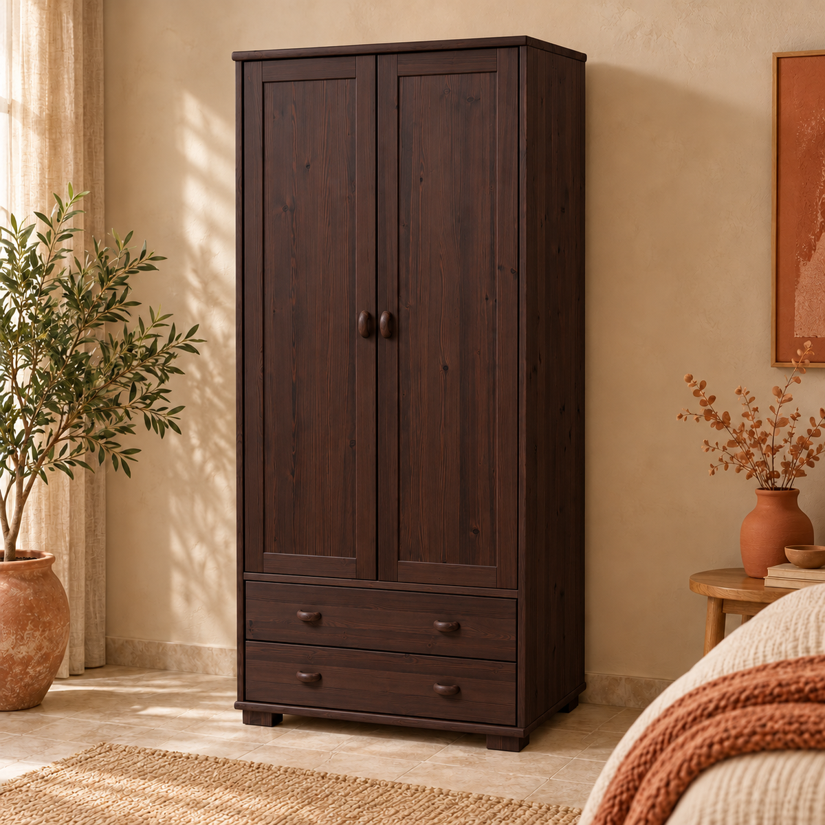 Vanessa Kleiderschrank Kiefer massiv | 2-Türig mit Kleiderstange und 2-Schubladen aus 100% Bio Massivholz