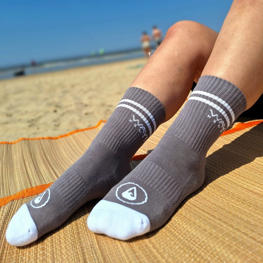 Cotton Crew Socks Stripes + Logo grey